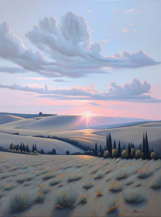 Tranquil sunset landscape with rolling hills and radiant sun