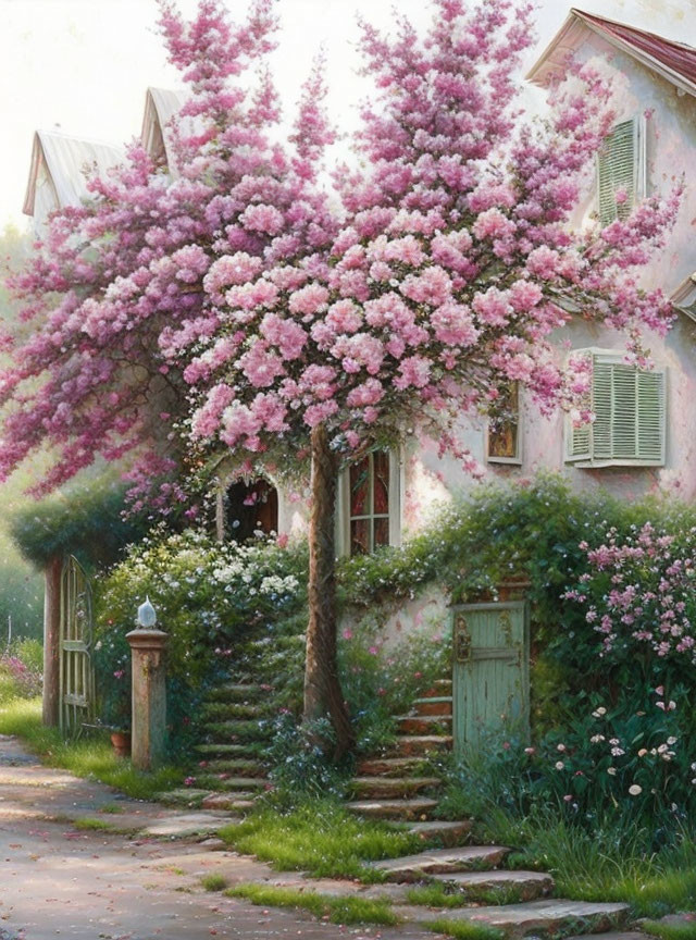 Charming two-story house with pink blossoming trees, green shutters, weathered door, stone