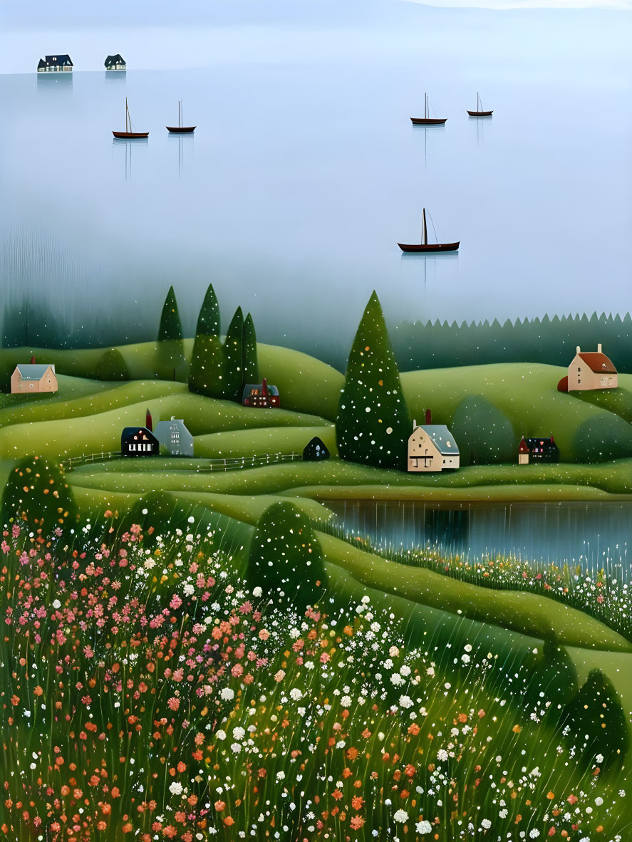 Tranquil landscape with green hills, wildflowers, houses, lake, sailboats