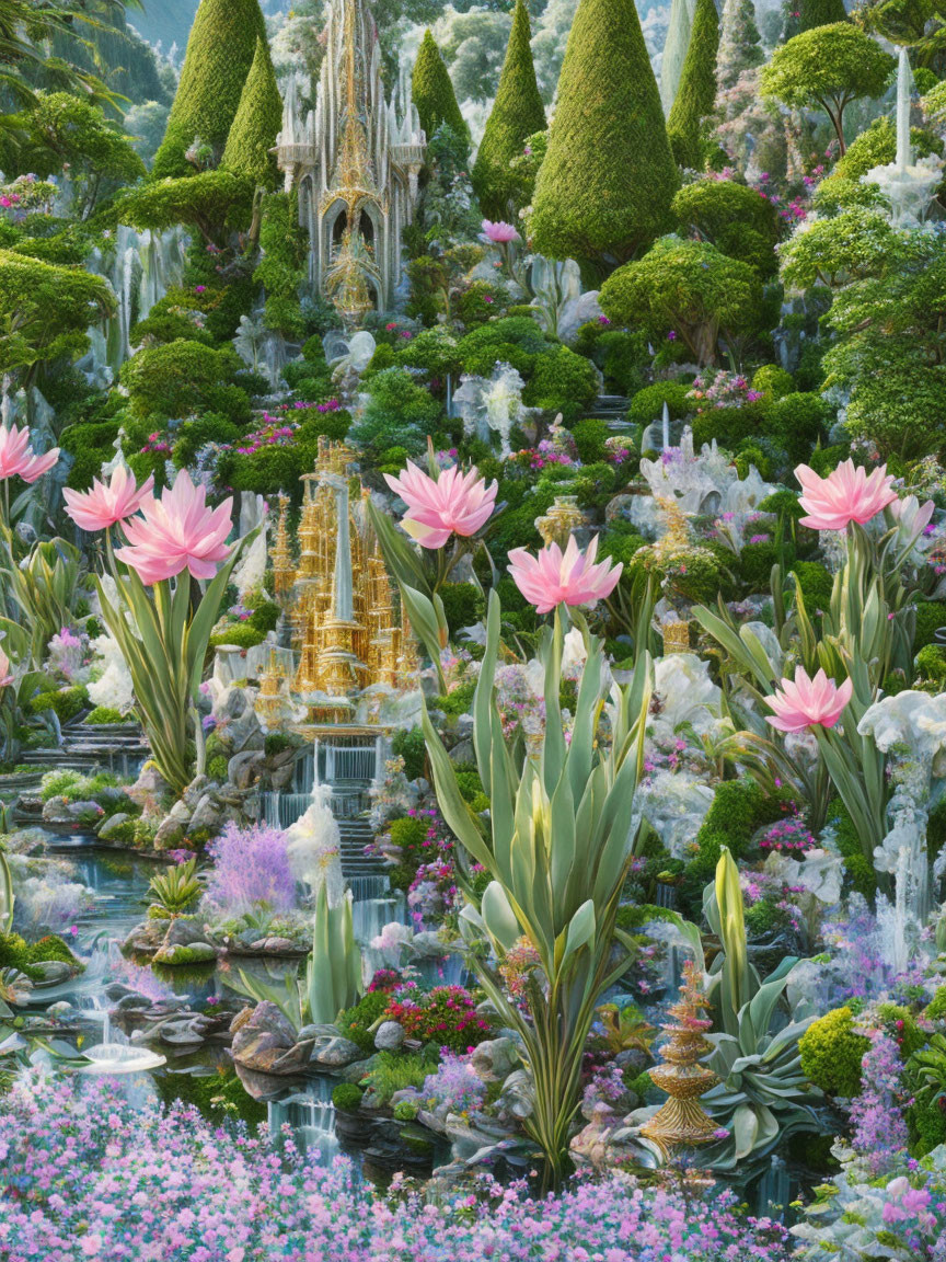 Vibrant pink tulips in lush garden with fairy-tale castles & water features