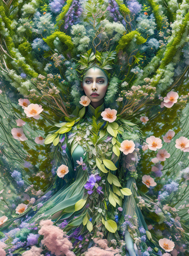 Woman adorned with vibrant plants and flowers in lush botanical setting