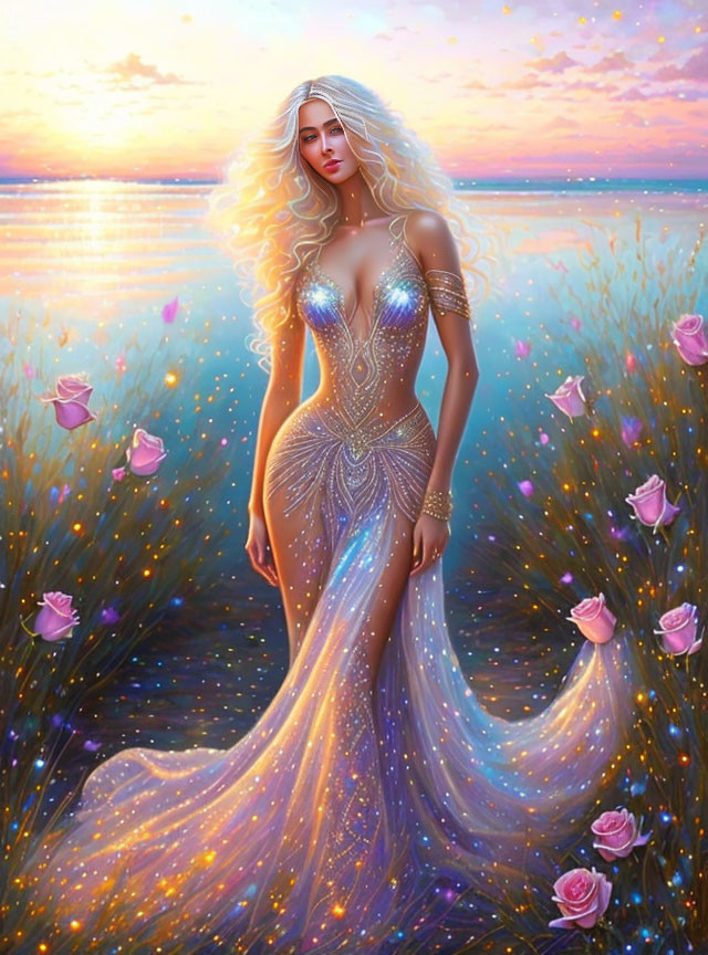 Ethereal woman in sparkling gown among blooming roses at sunset