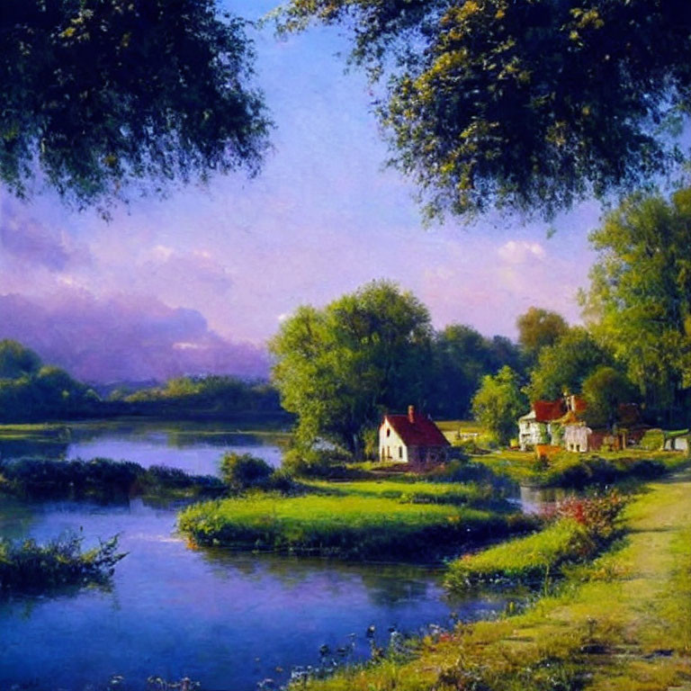 Tranquil rural landscape: serene river, houses among lush trees