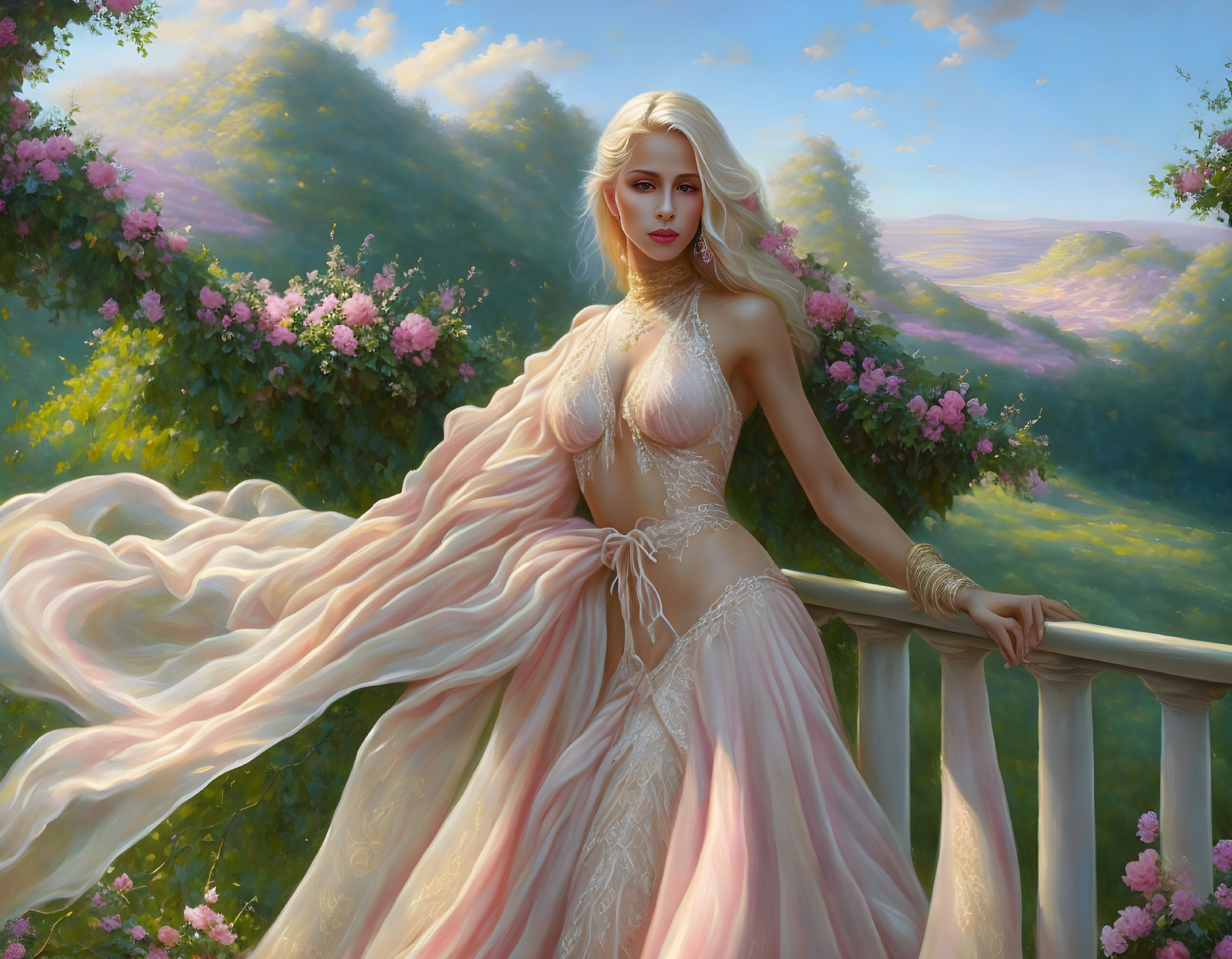 Platinum blonde woman in peach gown against scenic backdrop.