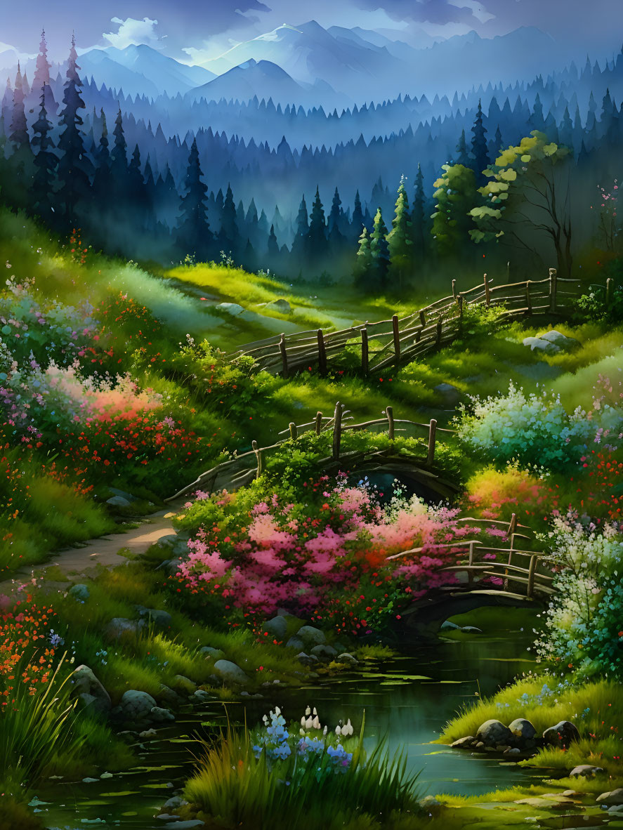 Colorful Landscape with Wooden Bridge Over Stream