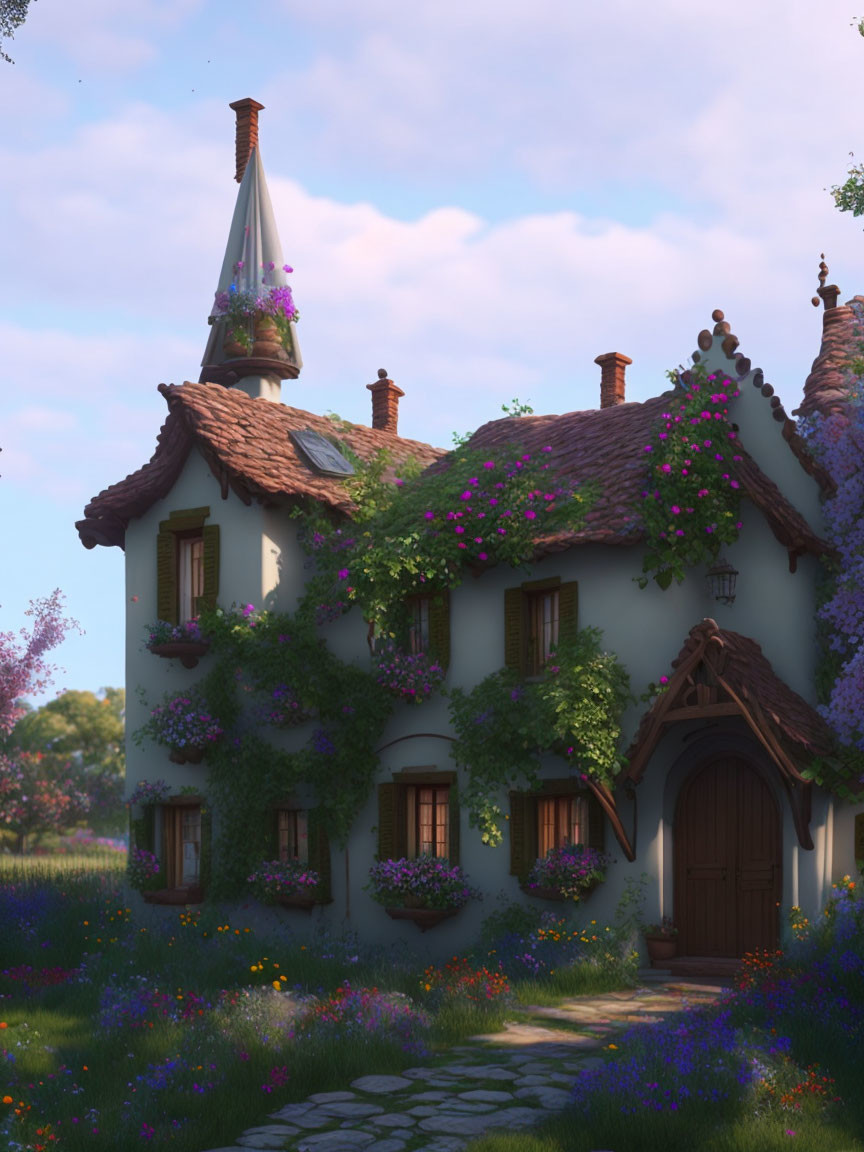 Pointed Roof Cottage Surrounded by Climbing Flowers and Blooming Garden