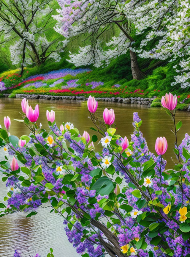 Tranquil river garden with pink and purple flowers