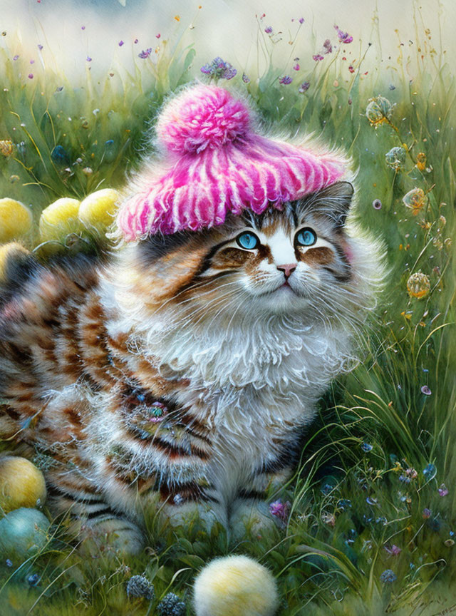 Long-Haired Cat with Blue Eyes in Pink Pompom Hat in Colorful Meadow