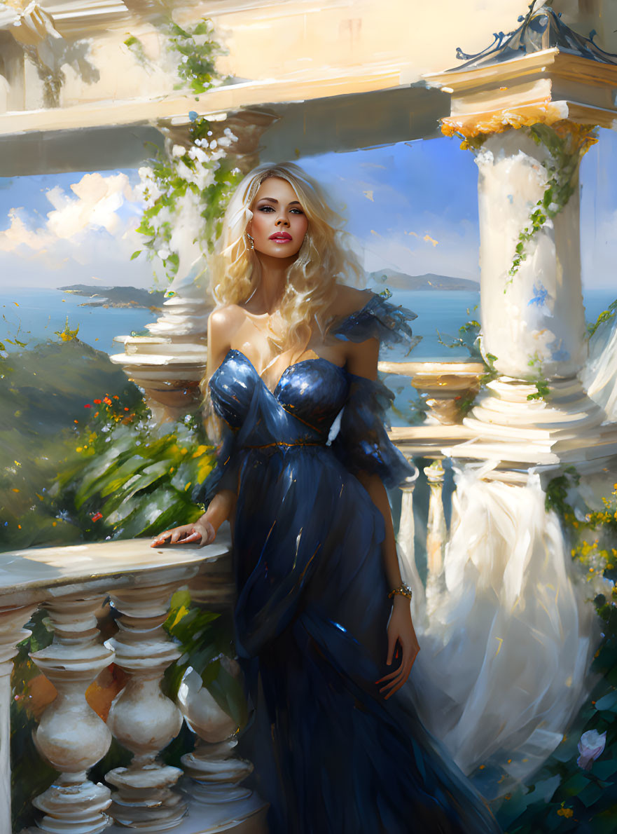 Woman in Blue Gown Surrounded by Classic Architecture and Seaside Scenery