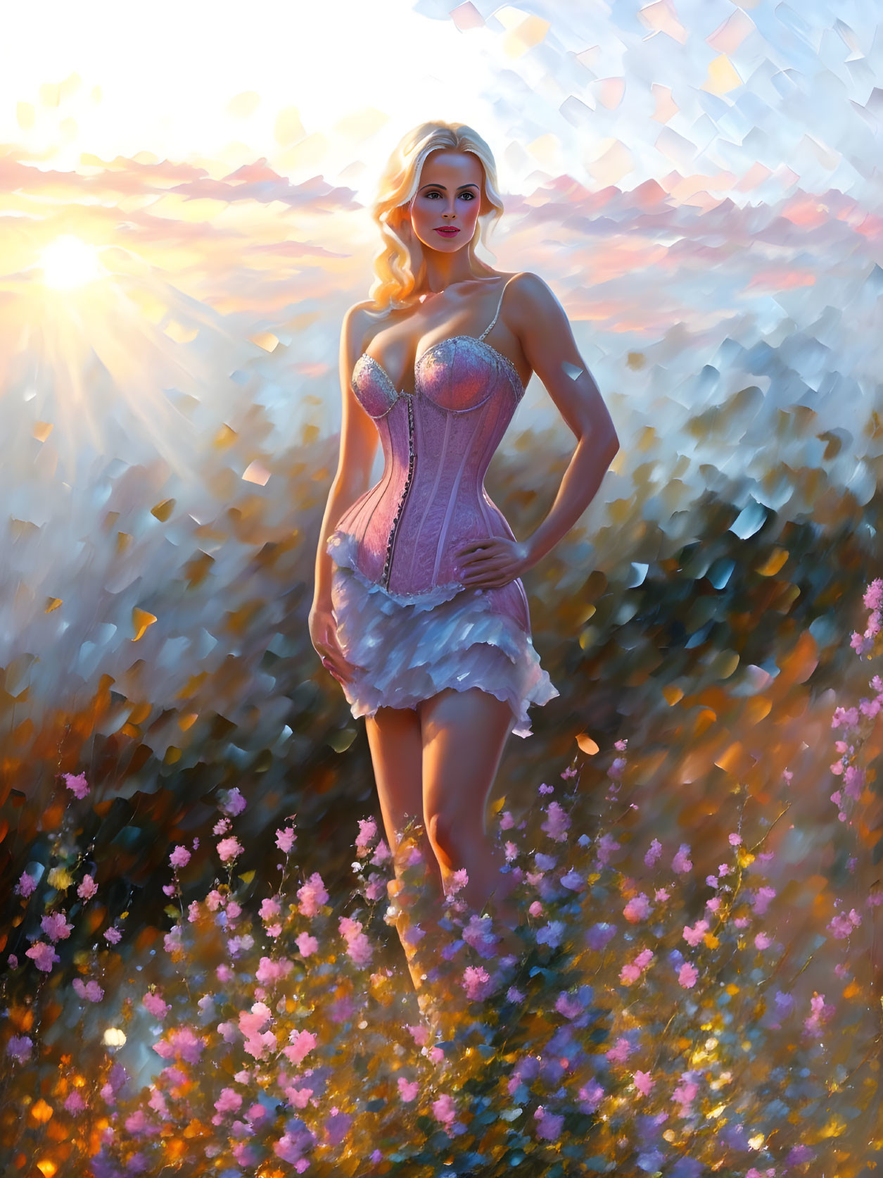 Woman in pink corset surrounded by vibrant flowers at sunset