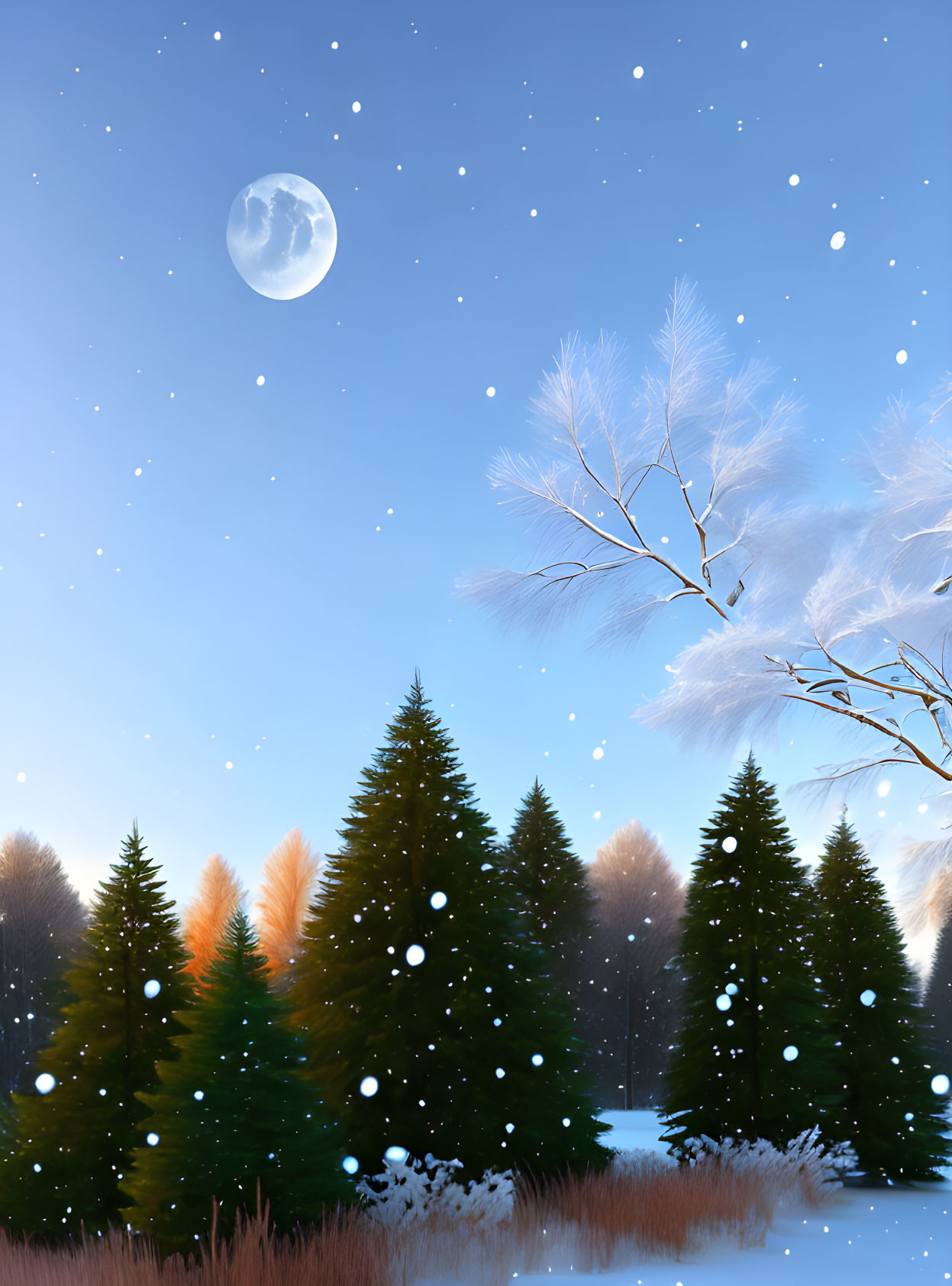 Snow-covered trees in serene winter dusk landscape