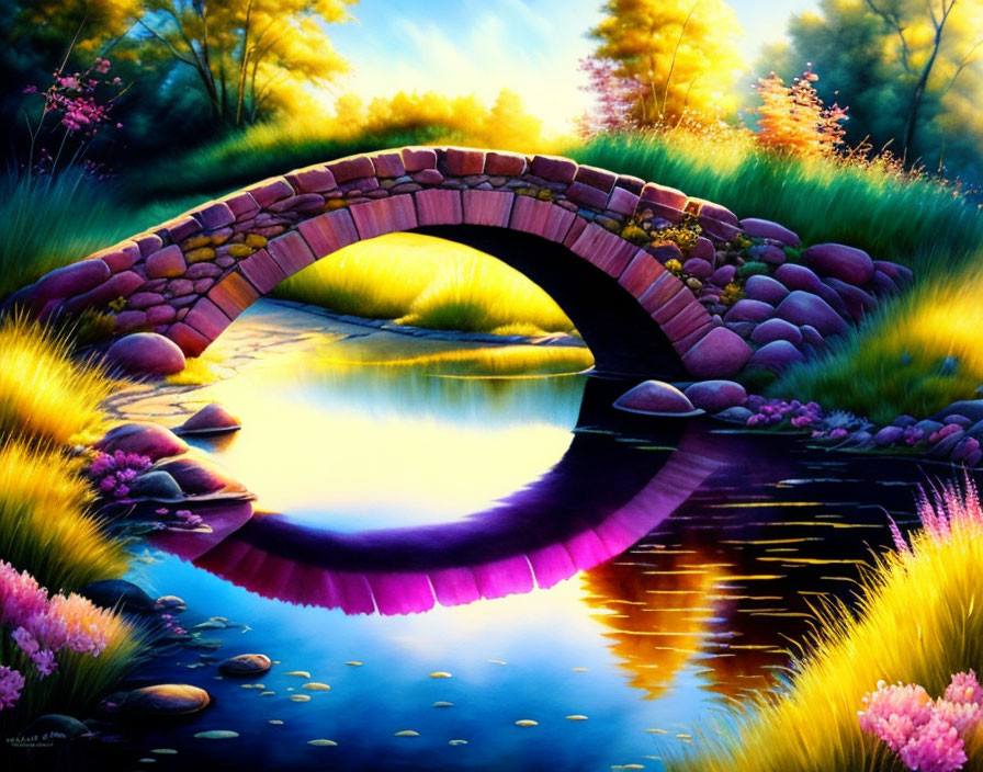 Vibrant Stone Arch Bridge Painting with Sunset Sky