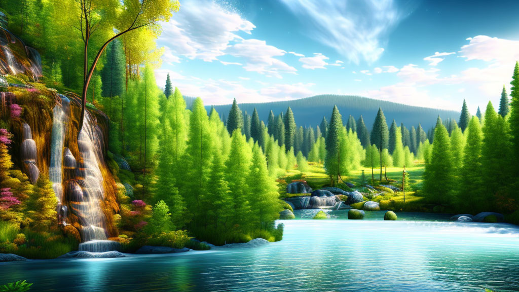 Scenic landscape with waterfall, lake, trees & mountain vista