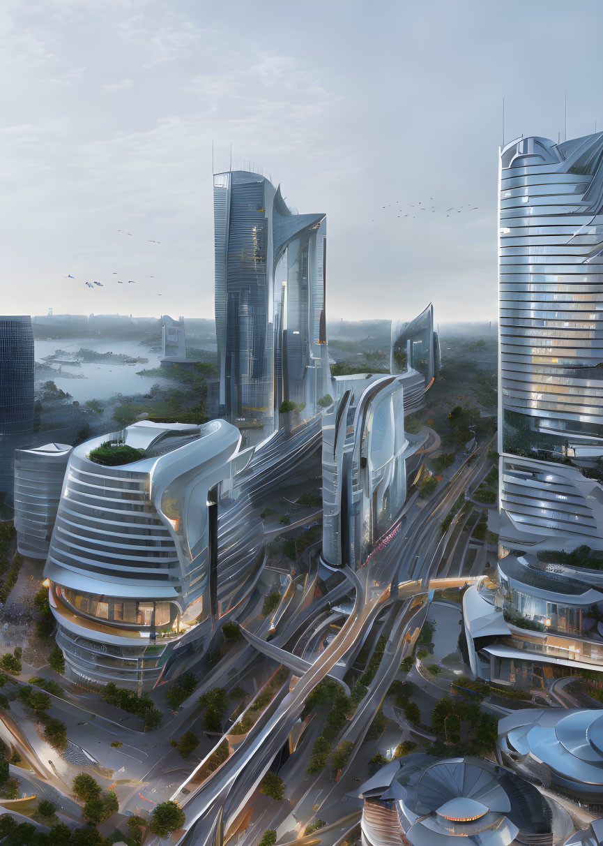 Sleek skyscrapers and flying vehicles in futuristic cityscape