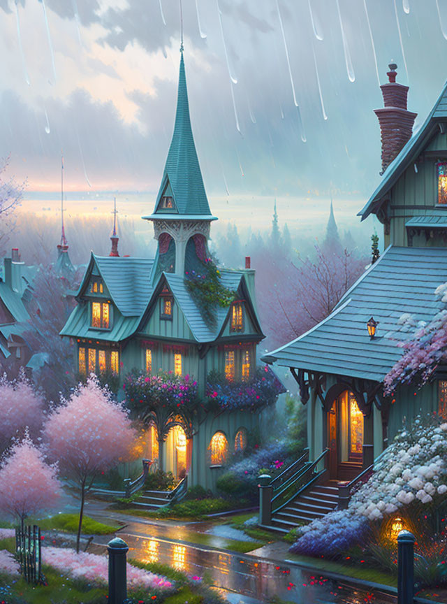 Victorian-style houses in rain-soaked landscape at dusk