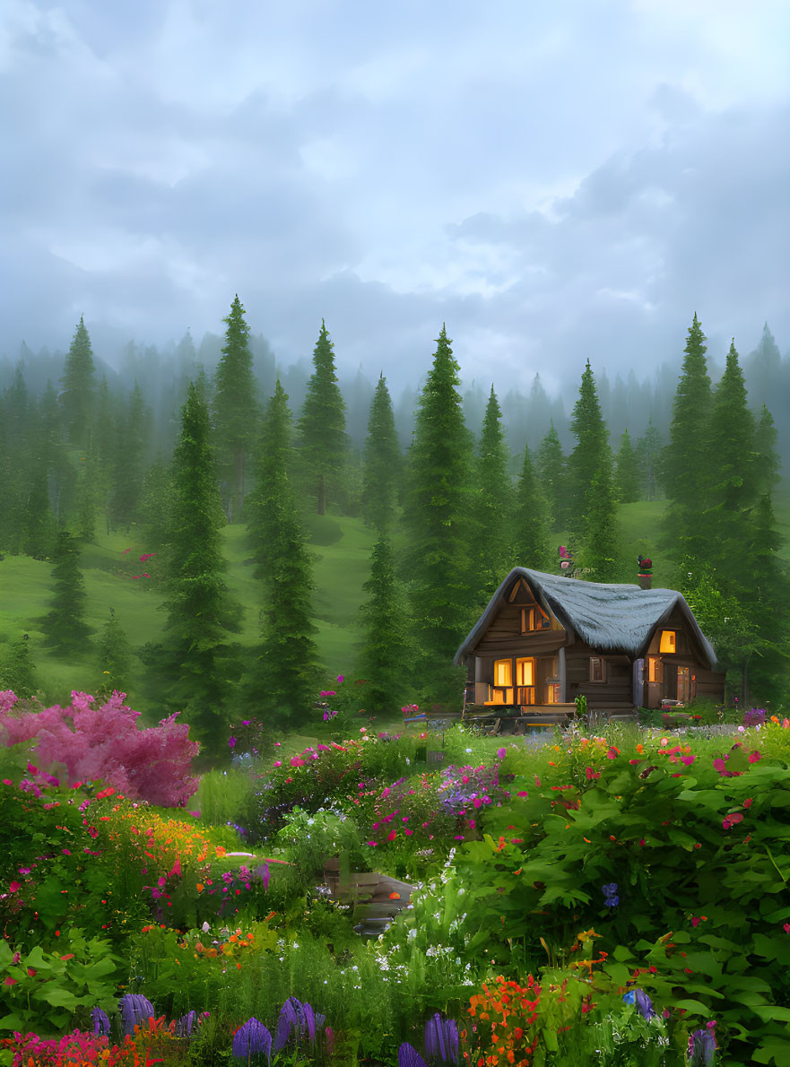 Tranquil cabin in lush garden with pine trees and misty mountains