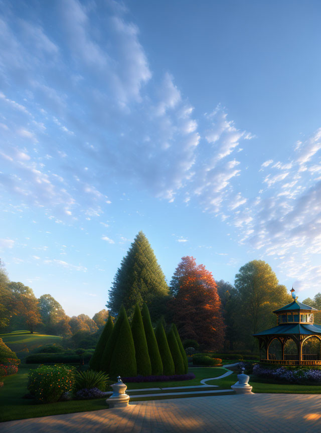 Tranquil Park Scene with Gazebo and Sunrise Sky