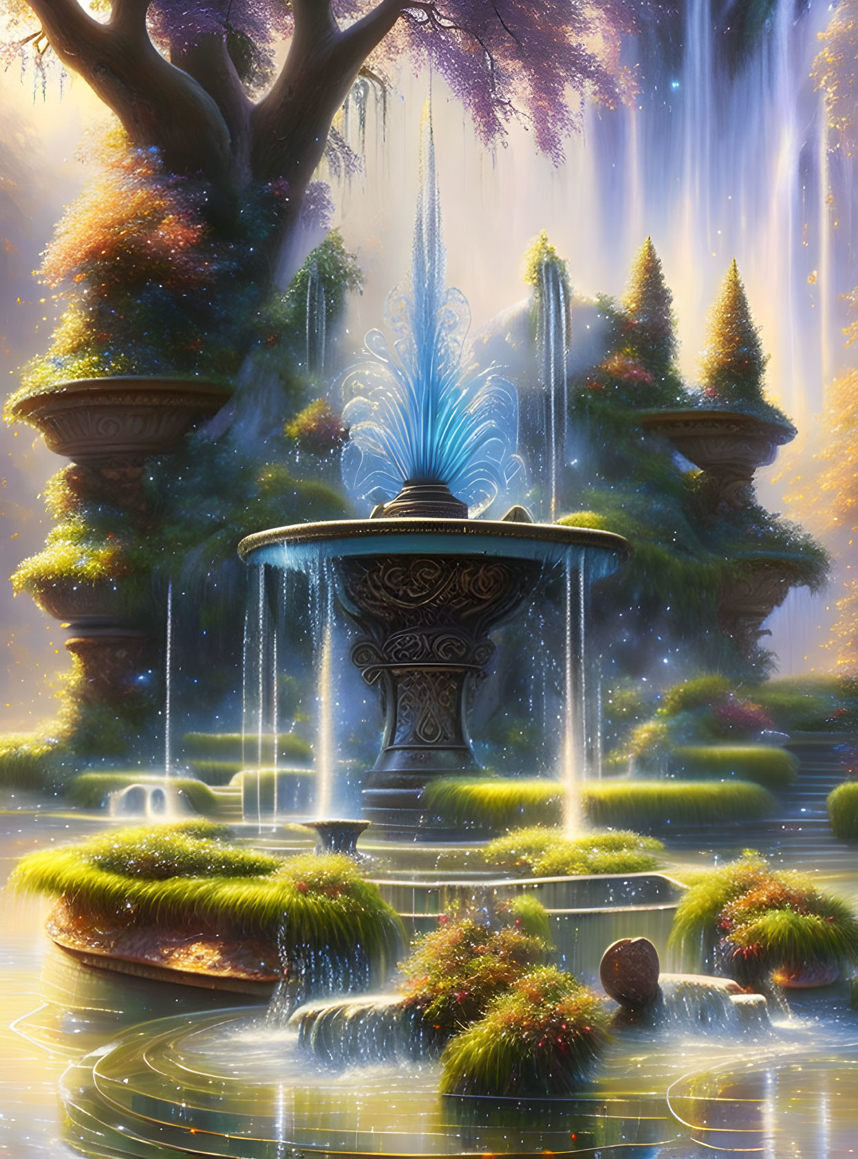 Enchanting garden with glowing fountain, luminous trees, ethereal waterfalls, and floating islands