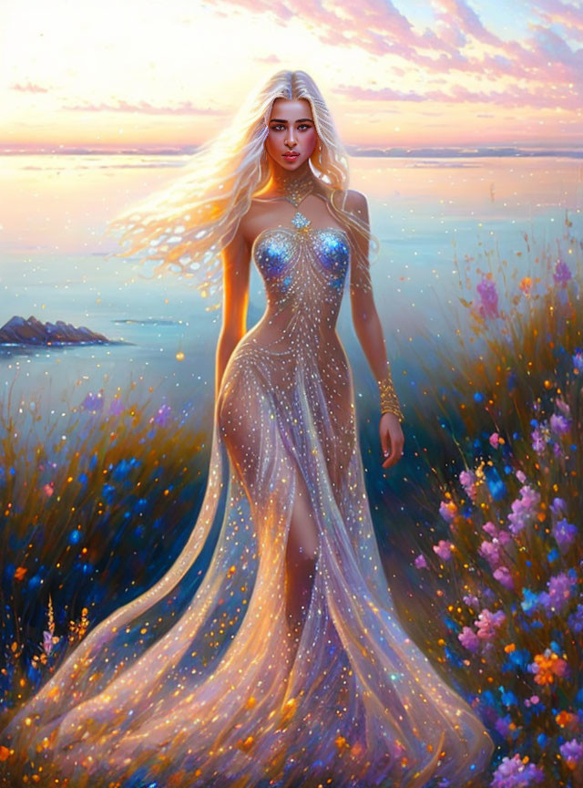 Blonde woman in translucent gown in sunset field