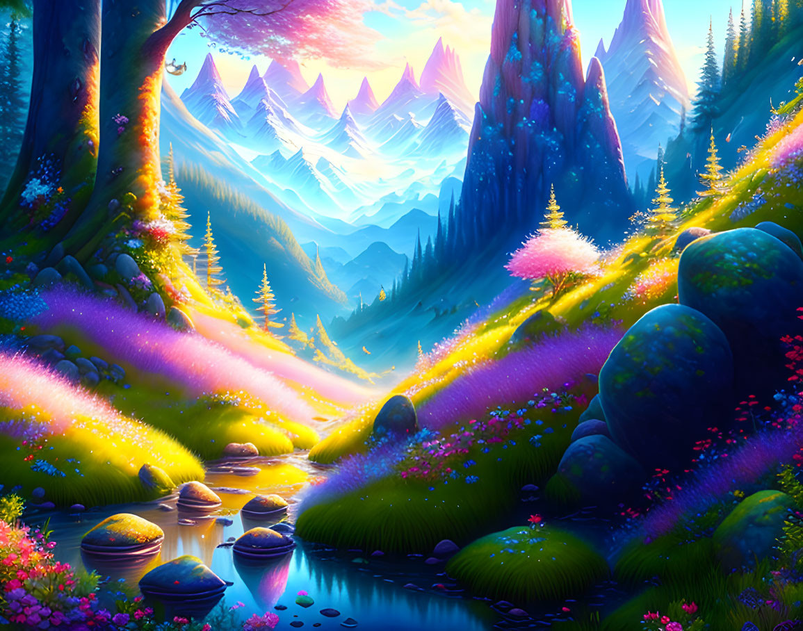 Fantastical landscape with luminescent flora, serene river, and purple mountains