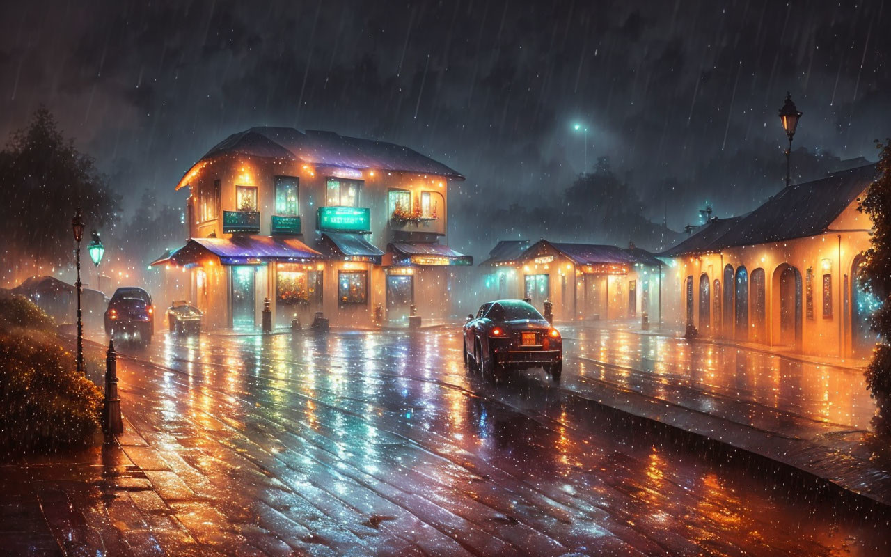 Rainy night scene: illuminated buildings, car, wet cobblestone street, downpour.