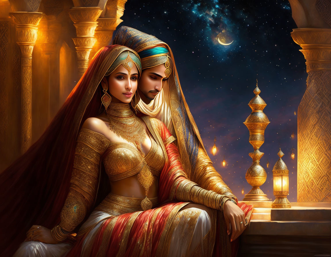 Royal Indian couple in traditional attire under starlit sky with golden pillars.