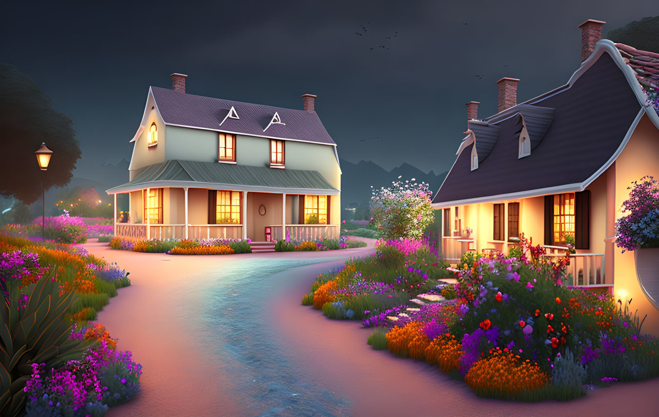 Twilight scene of cozy cottages by stream and mountains