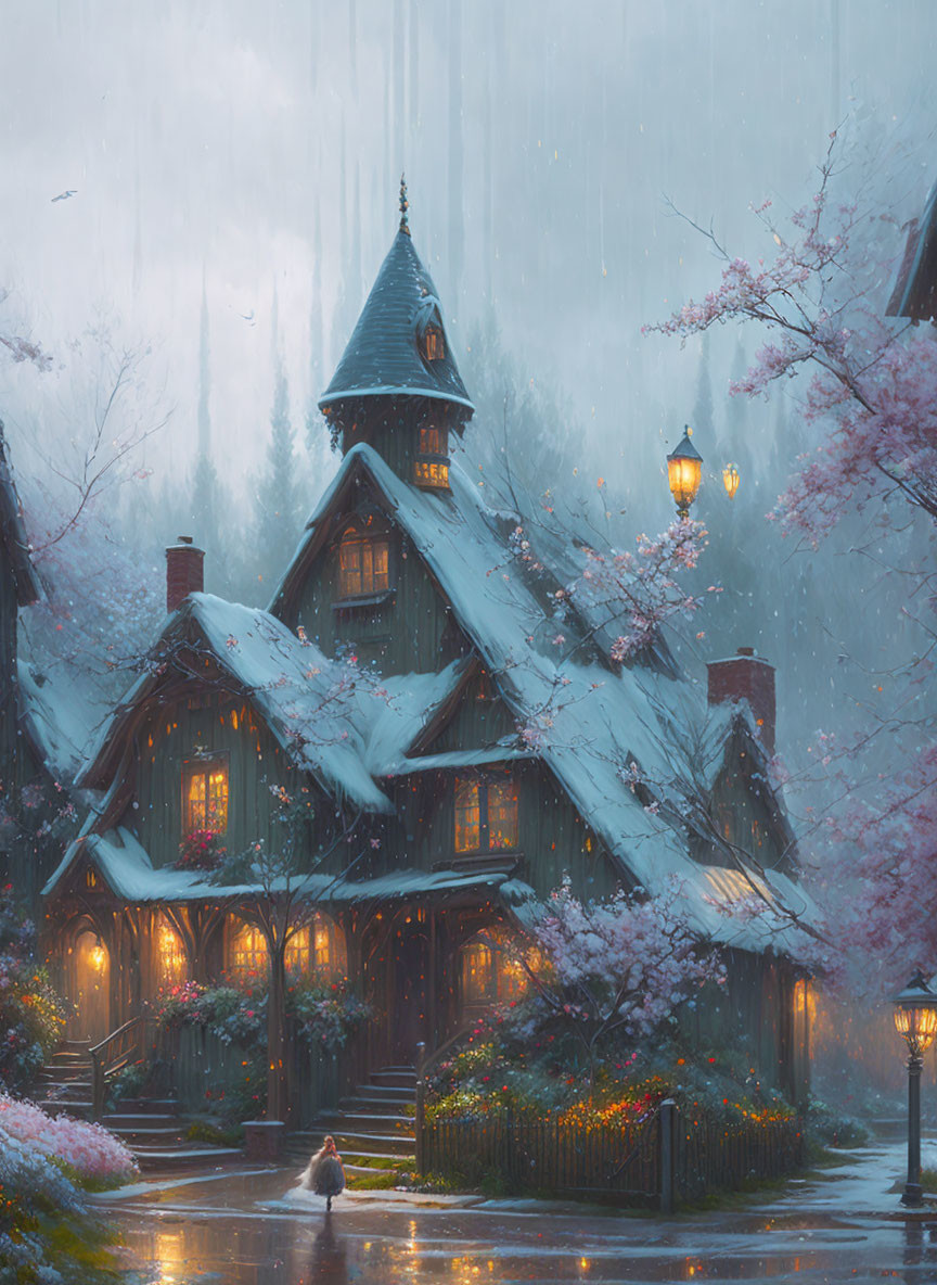 Snow-covered house with cherry blossoms, rain, and person with umbrella