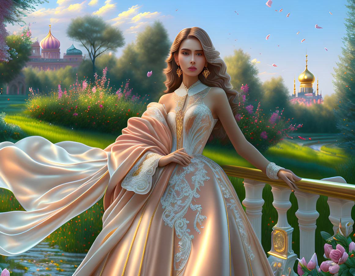 Elegant woman in gown by balustrade with park background and floating petals