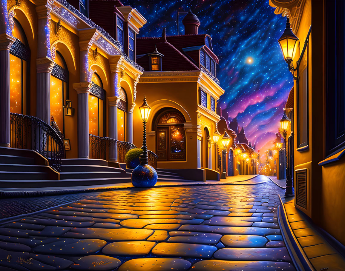 Nighttime fantasy streetscape with cobblestone paths and glowing orb