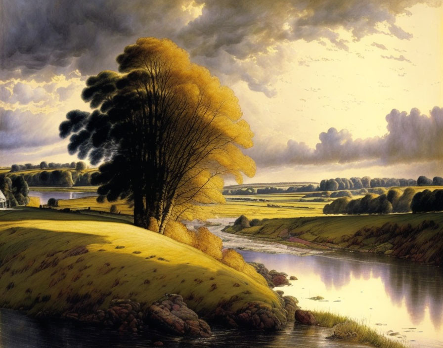 Golden tree by riverside under storm clouds in tranquil countryside