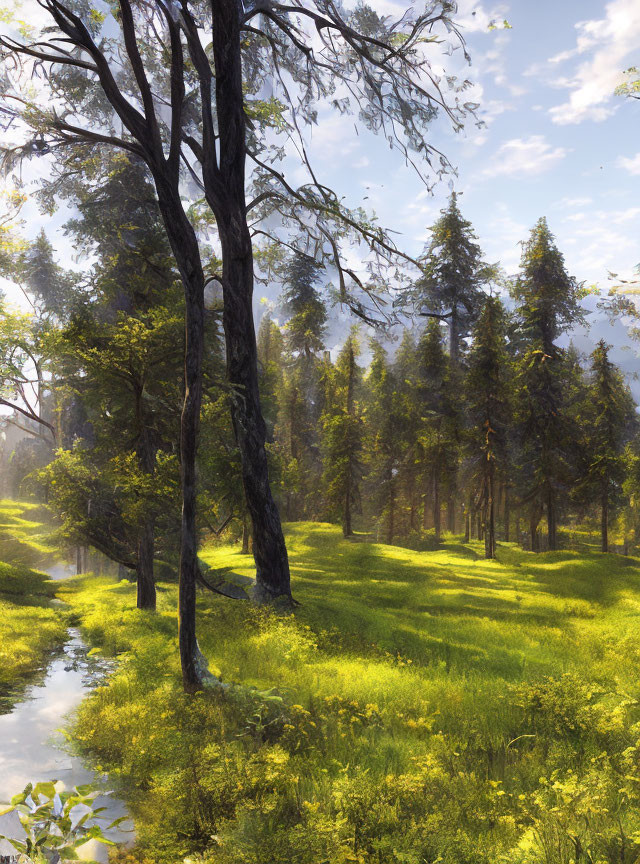 Tranquil forest scene with tall trees, creek, sunbeams, and green grass