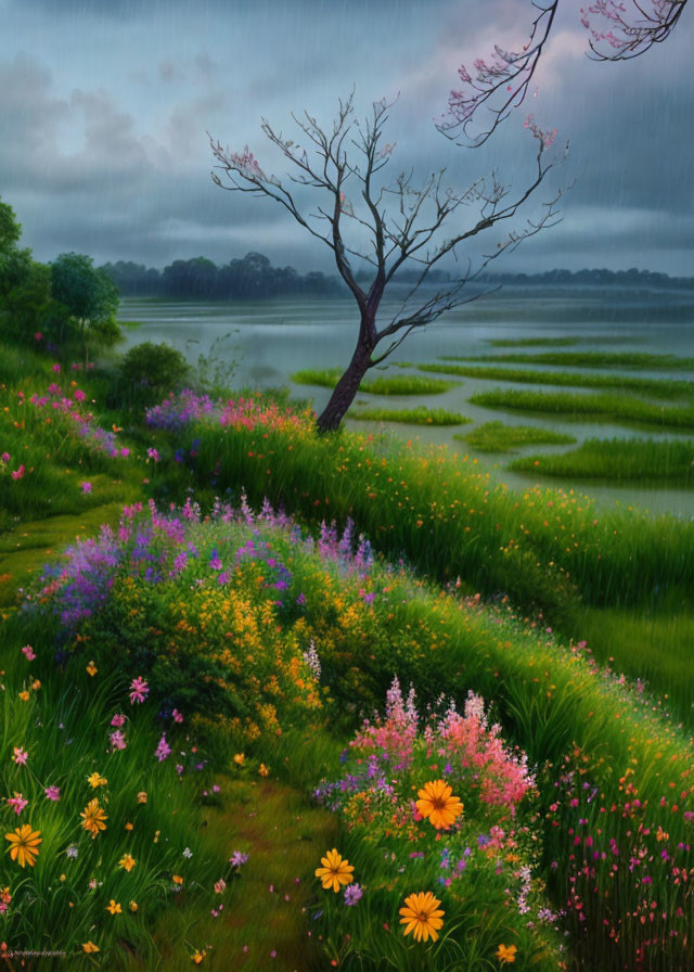 Tranquil landscape with wildflowers, blossoming tree, and calm lake