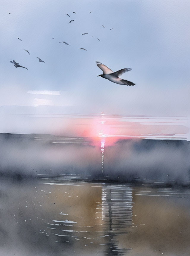 Tranquil watercolor: Misty sunrise, calm water, birds in flight