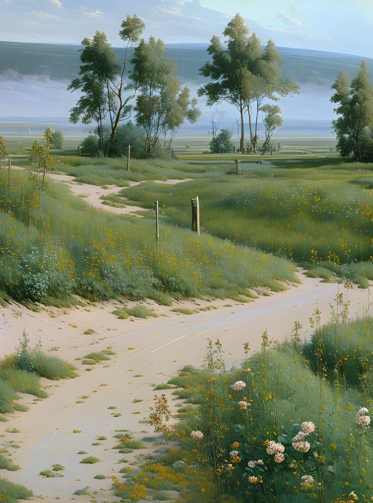 Tranquil landscape with sandy path, wildflowers, birch trees, distant lake.