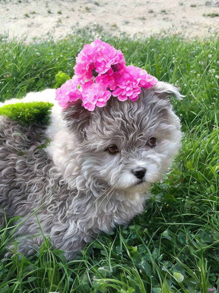 Curly-Haired Grey Dog with Pink Flower Sitting on Grass