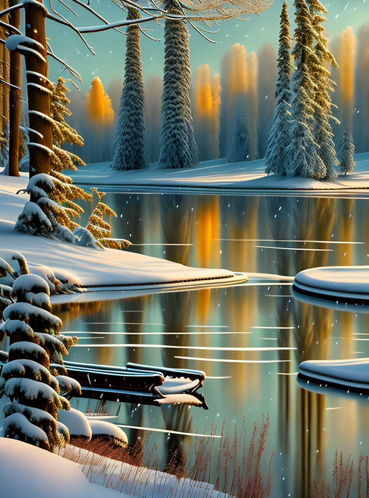 Snow-covered trees and lake with a bench in serene winter setting