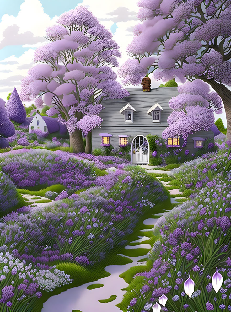 Charming Cottage Surrounded by Purple Flowers