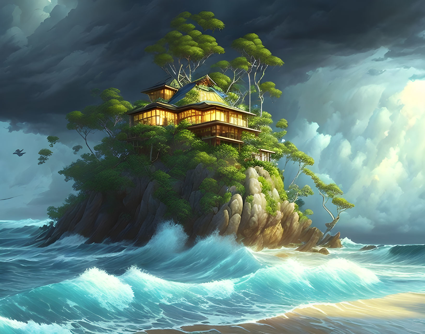 Traditional Japanese House on Rocky Outcrop Amid Turbulent Sea