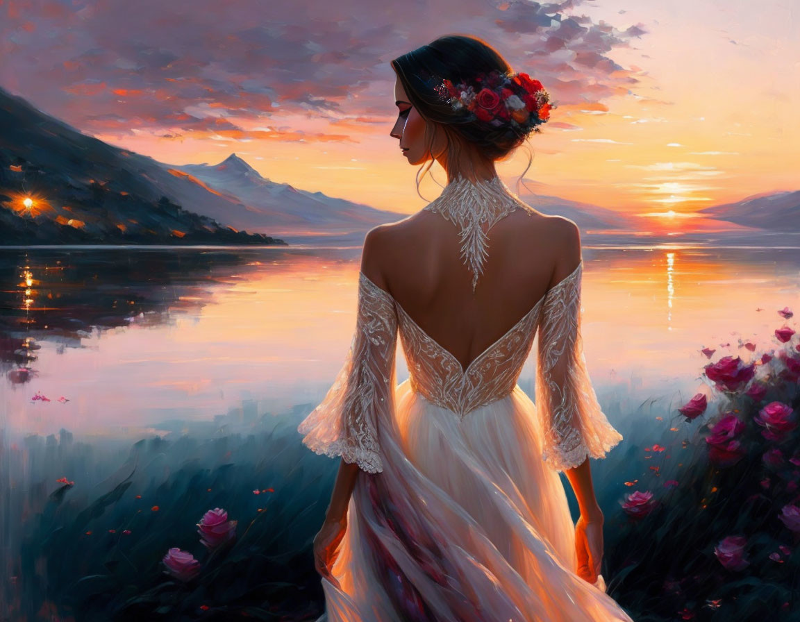 Woman in lacy dress by serene lake at sunset with flowers.