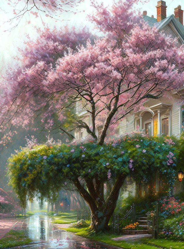 Tranquil street scene with cherry blossoms and colorful garden