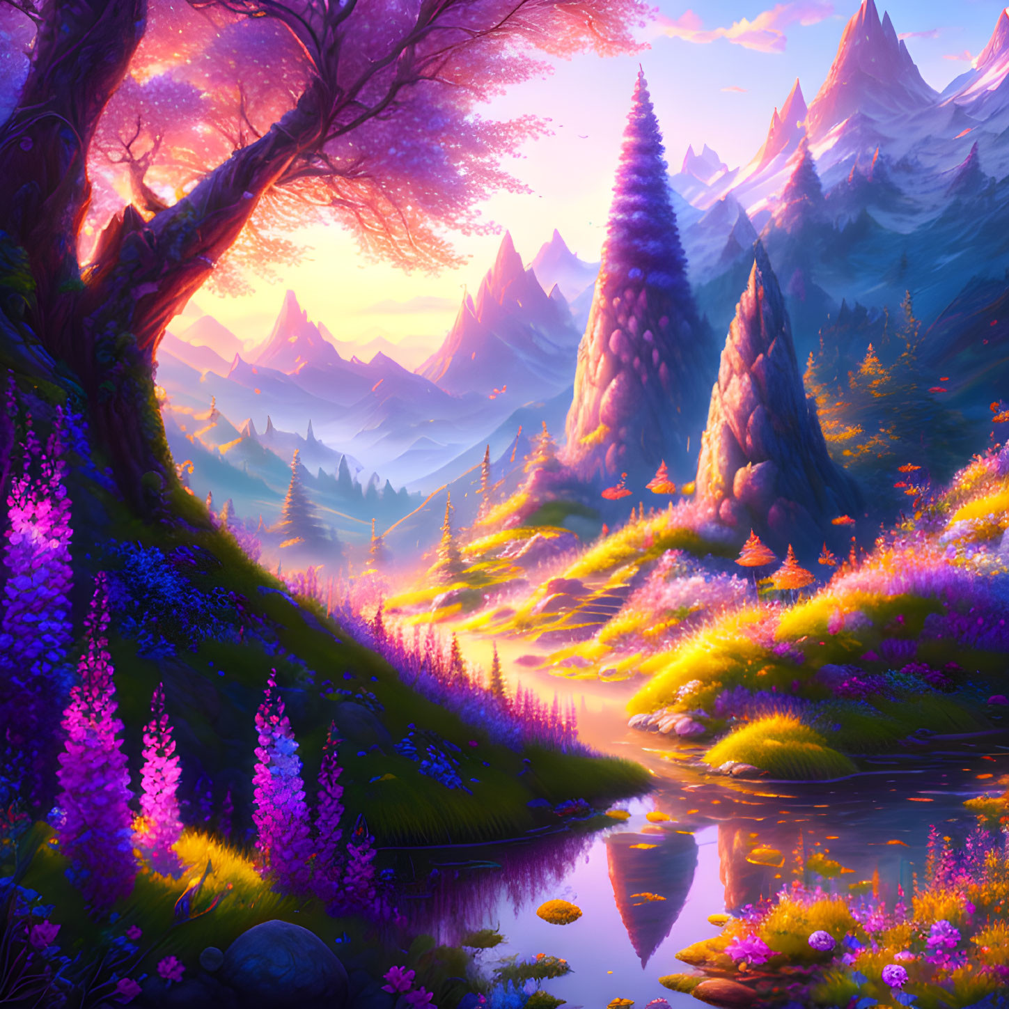 Fantasy landscape with river, flowering trees, purple flowers, mountains at sunset