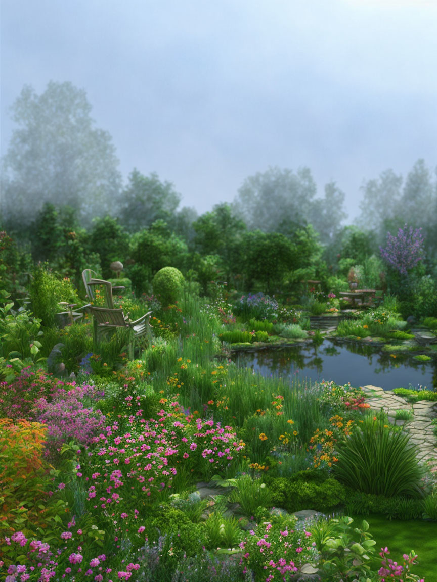 Tranquil garden scene with colorful flowers, pond, and bench