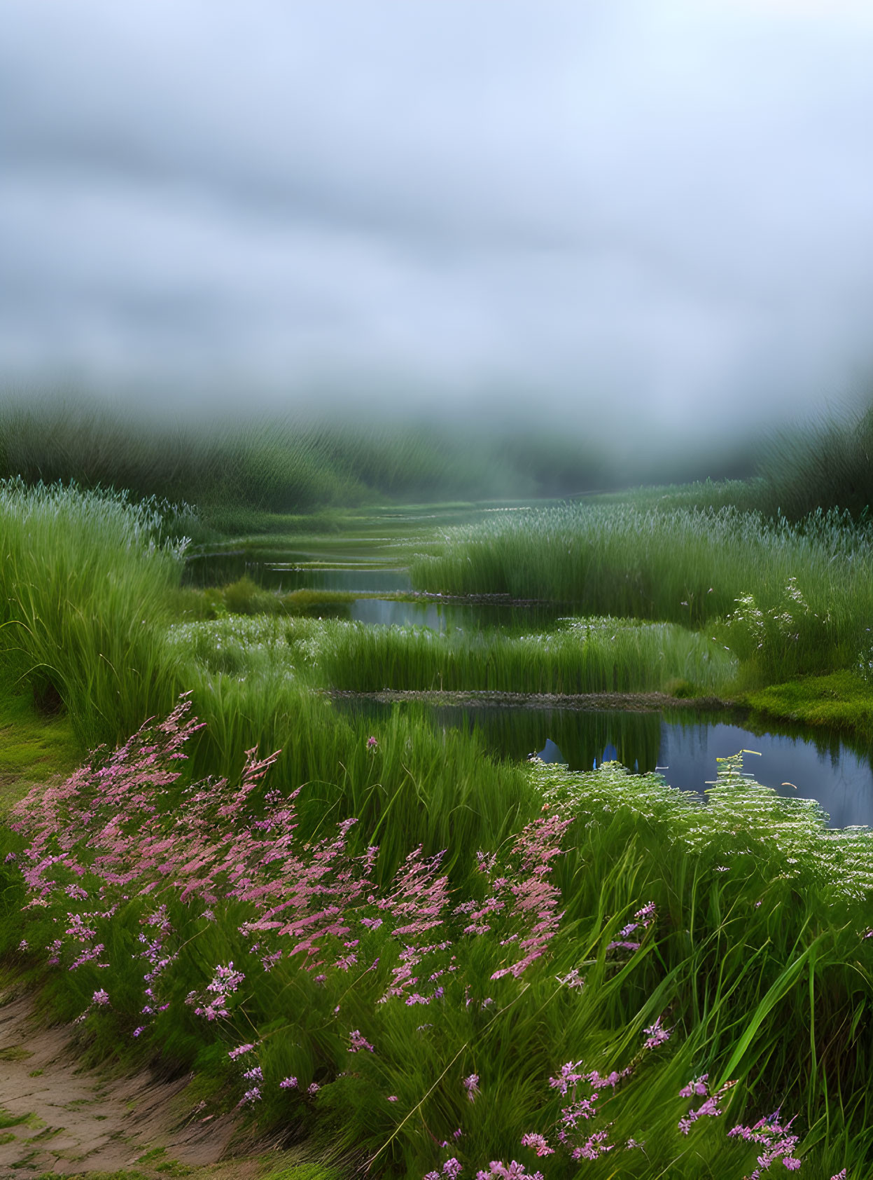 Tranquil landscape: winding river, lush greenery, pink wildflowers, mist-covered hills