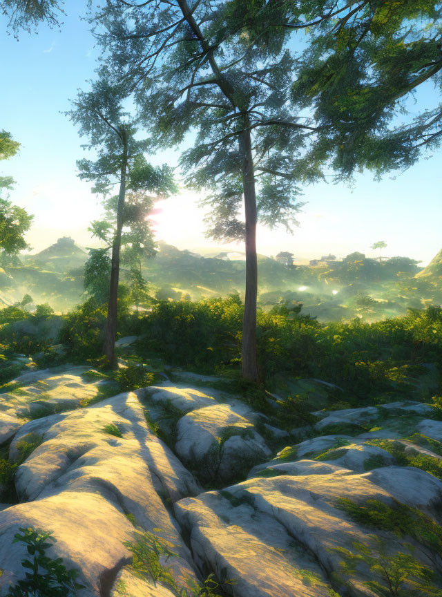 Serene forest sunrise over rocky terrain and lush greenery