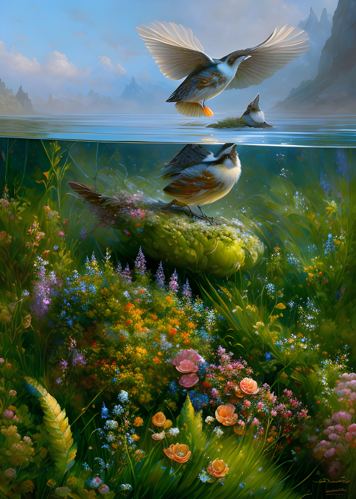 Tranquil bird illustration by lake with vibrant flora and mountains