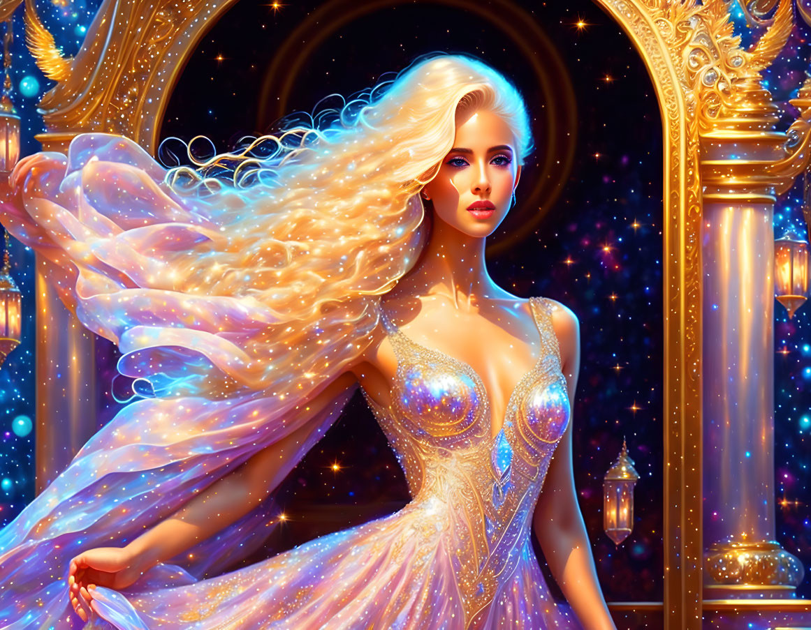 Illustrated woman with golden hair in sparkling dress under starry sky