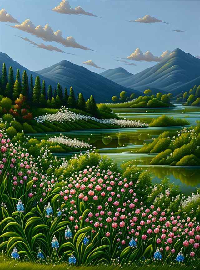 Vibrant landscape painting: rolling hills, river, colorful flora