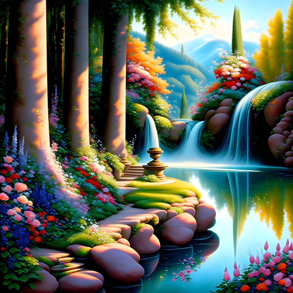 Fantastical landscape with towering trees, waterfall, river, colorful flora