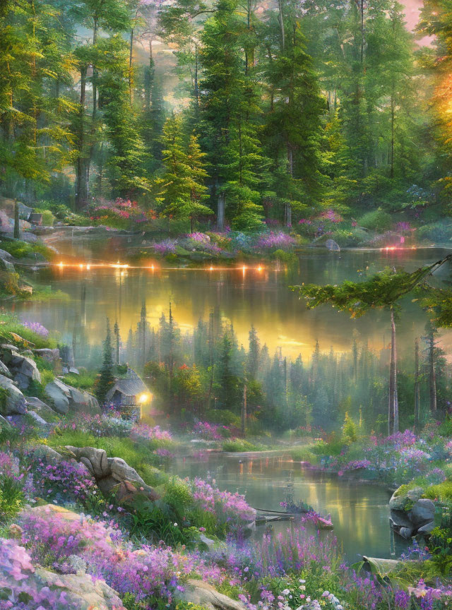 Tranquil forest lake scene with glowing cabin and purple flowers